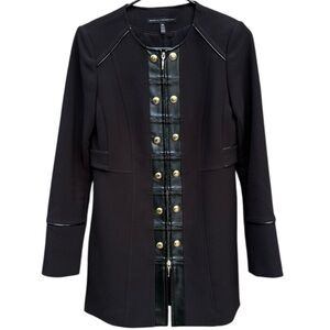 EUC White House Black Market Faux Leather Trimmed Long Line Duster Jacket Top XS